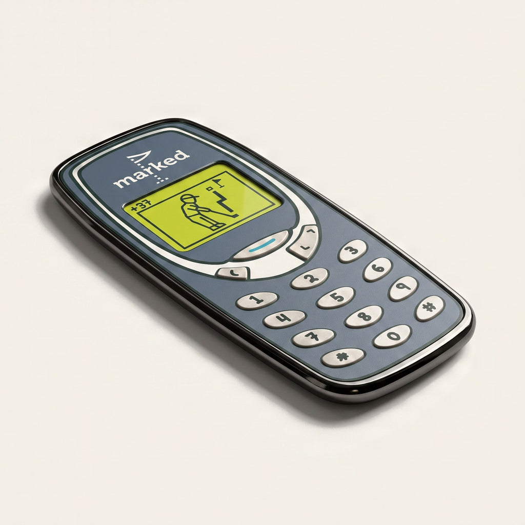 The Brick golf ball marker, a grey mobile phone with a raised keypad and a golfer on the screen, photographed at an angle.