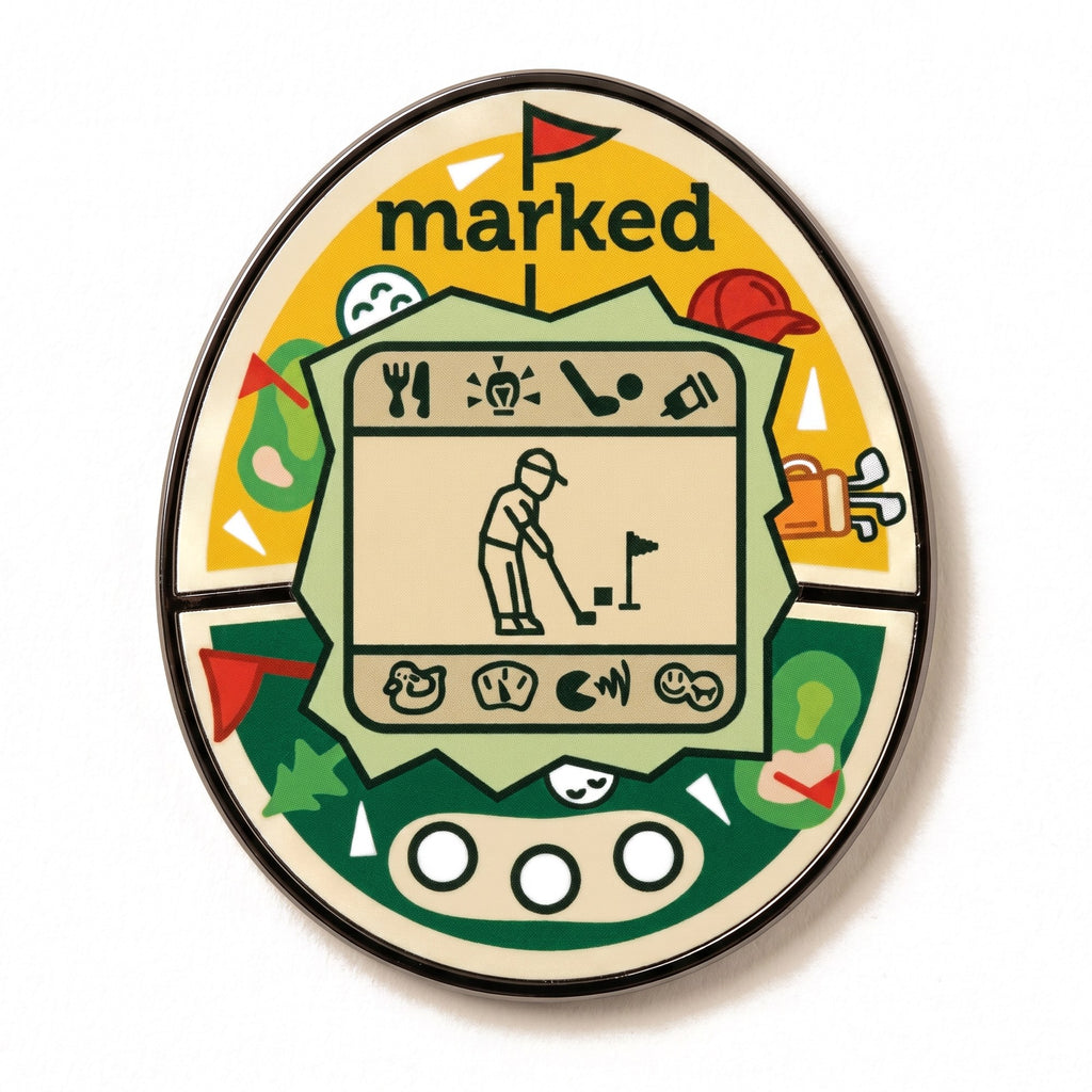 The Golfer golf ball marker photographed flat from above, showing the full design and the black nickel edge.
