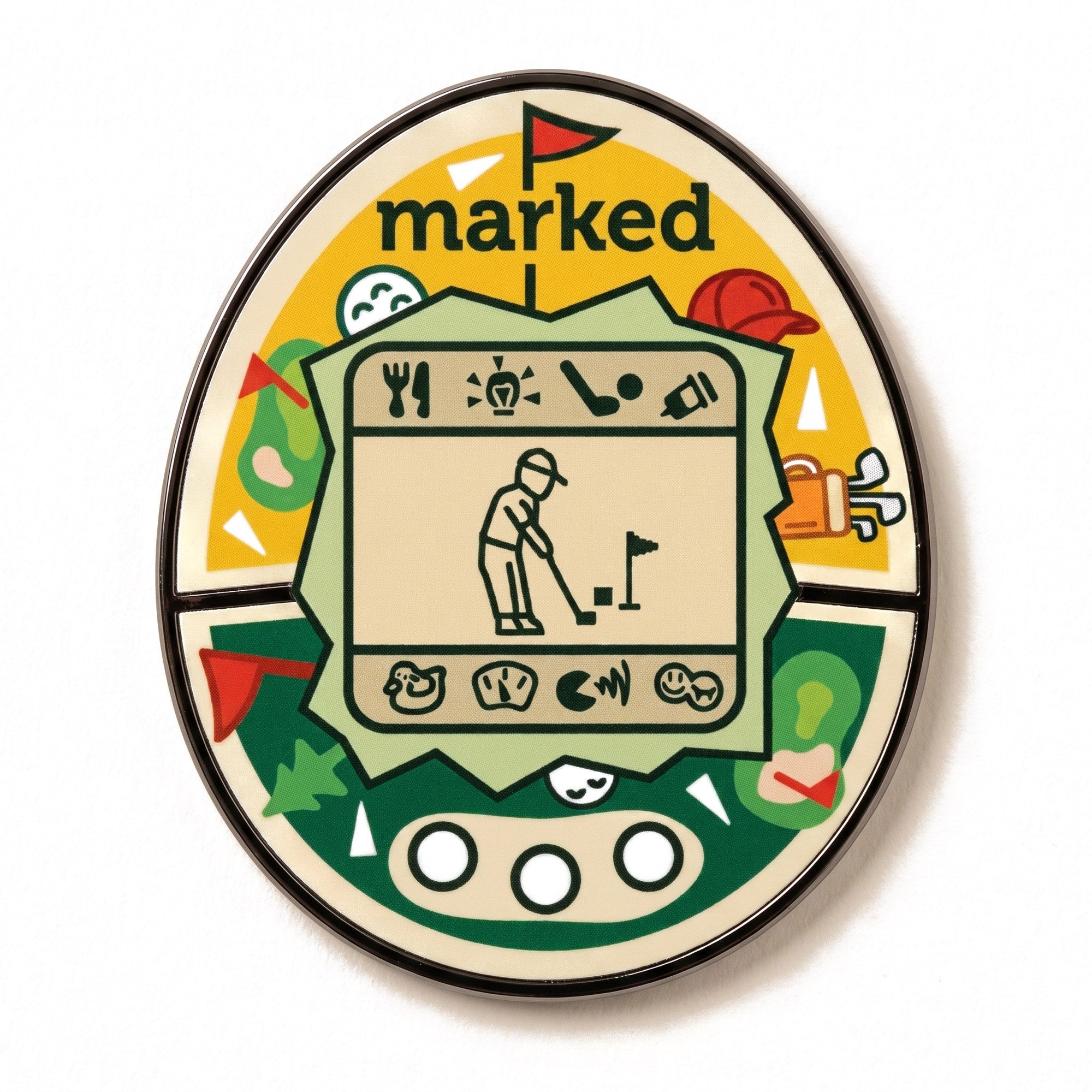 The Golfer golf ball marker photographed flat from above, showing the full design and the black nickel edge.